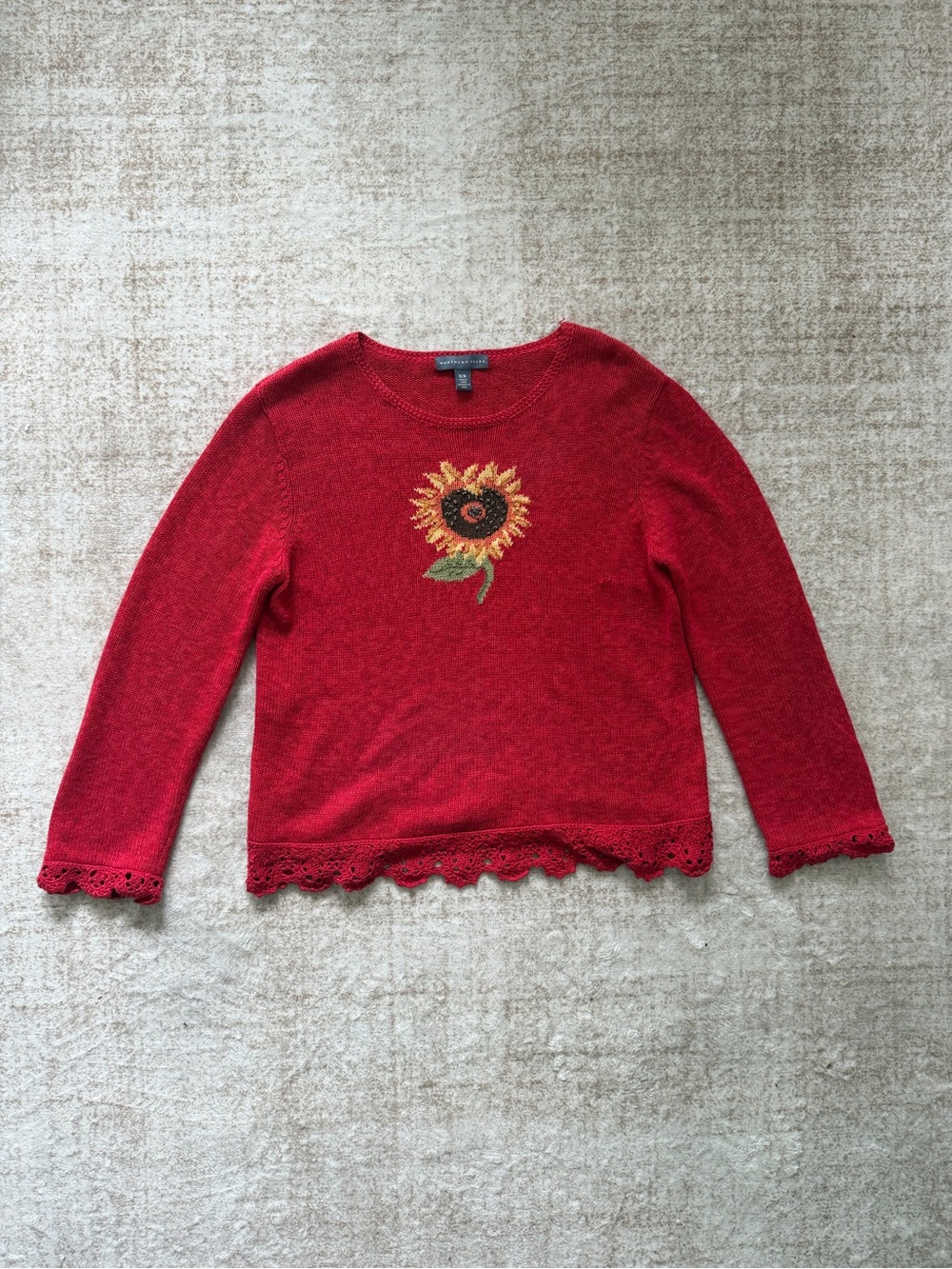 Vintage Northern Isles Red Sunflower Embroidered Sweater Crochet Trim Sz M